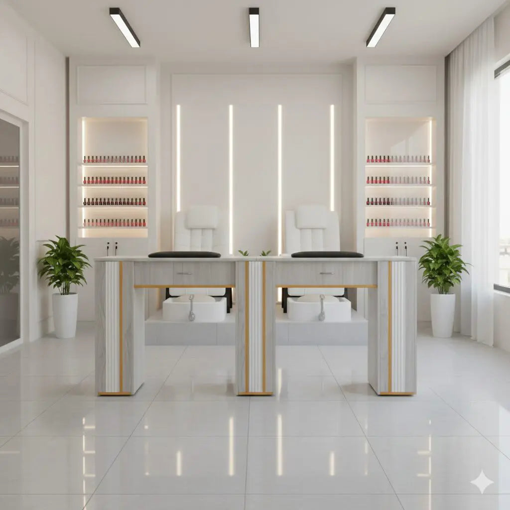 N164A Nail Table with White Marble Top & Gray Body – Single/Double Option