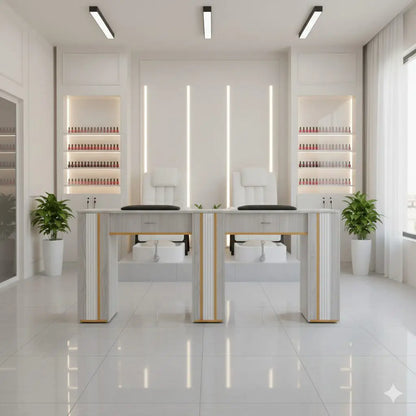 N164A Nail Table with White Marble Top & Gray Body – Single/Double Option