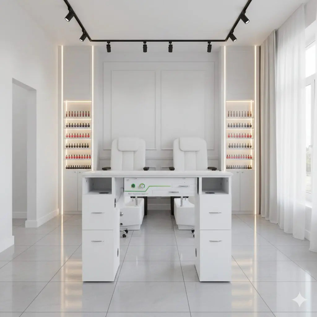 N104 Single Manicure Nail Table with Ventilation – White Marble Top & White Body (RHF-034)