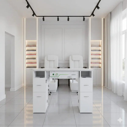 N104 Single Manicure Nail Table with Ventilation – White Marble Top & White Body (RHF-034)