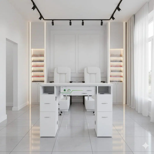 N104 Single Manicure Nail Table with Ventilation – White Marble Top & White Body (RHF-034)