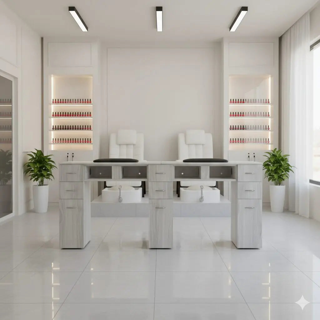 N164A Nail Table with White Marble Top & Gray Body – Single/Double Option