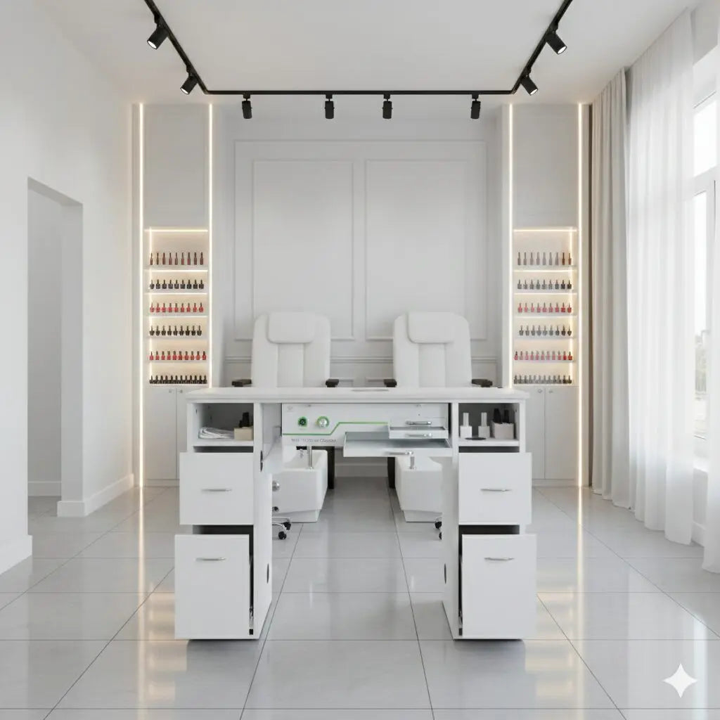 N104 Single Manicure Nail Table with Ventilation – White Marble Top & White Body (RHF-034)