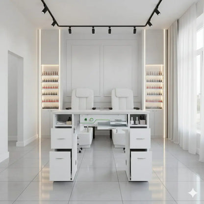 N104 Single Manicure Nail Table with Ventilation – White Marble Top & White Body (RHF-034)