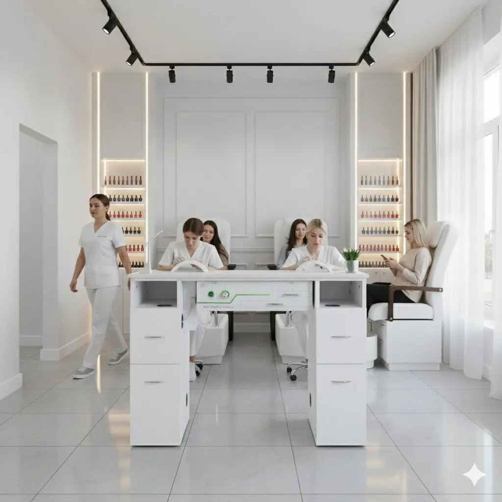 N104 Single Manicure Nail Table with Ventilation – White Marble Top & White Body (RHF-034)