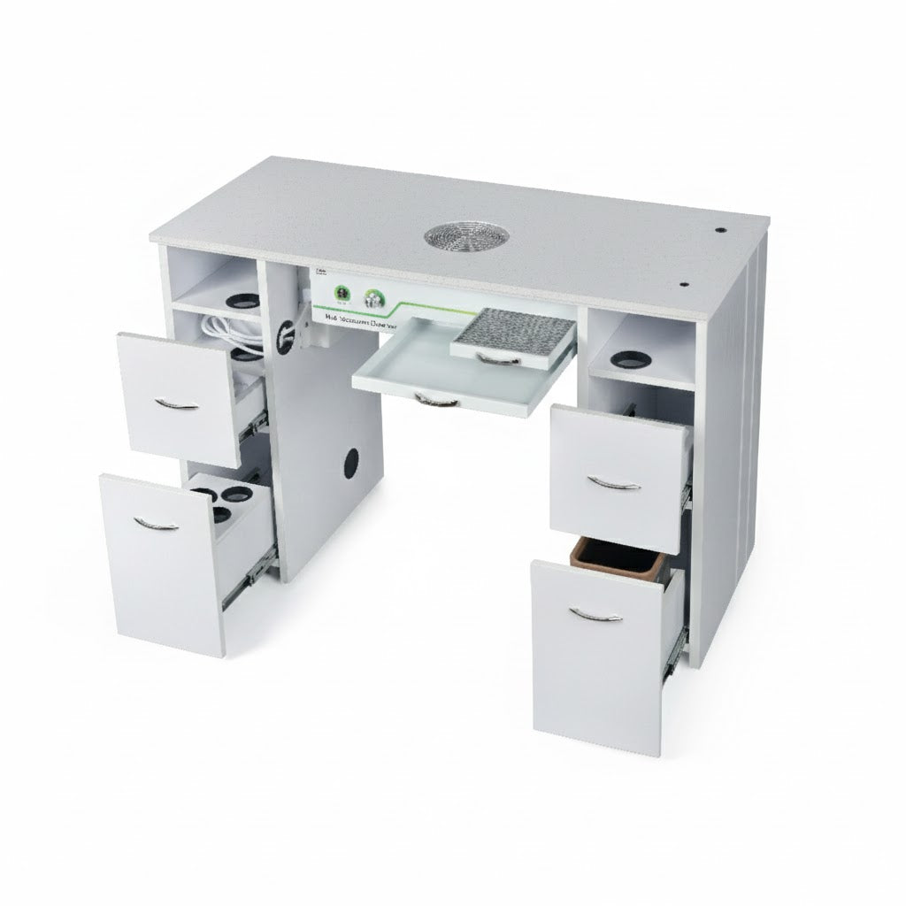 N104 Single Manicure Nail Table with Ventilation – White Marble Top & White Body (RHF-034)