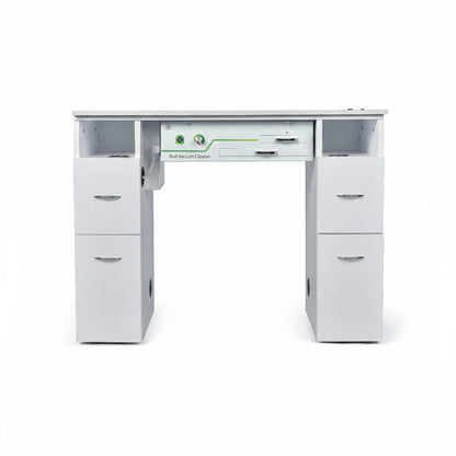 N104 Single Manicure Nail Table with Ventilation – White Marble Top & White Body (RHF-034)